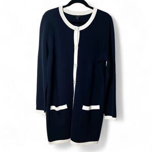 Talbots - Women's Long Line Topper Cardigan Navy Blue Button Down‎ NWOT - Sz. L